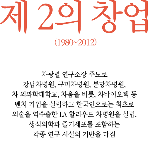 제 2의 창업 (1980~2012) - 차광렬 명예 이사장 주도로 강남차병원, 구미차병원, 분당차병원, 차의과학대학교, 차움을 비롯, 차바이오앤디오스텍 등 벤처 기업을 설립하고 미국 LA에 국내 의료 수출 1호의 역사인 CC불임센터(차-콜롬비아)와 한국인으로는 최초로 의술을 역수출한 LA차병원을 설립, 생식의학과 줄기세포를 포함하는 각종 연구 시설의 기반을 다짐